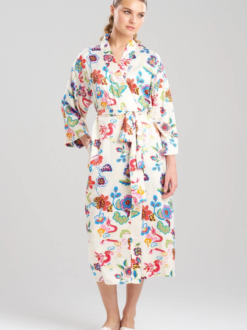 Natori Fleur Dragon Floral Robe with Tie Sash & Pockets